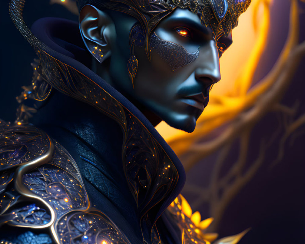 Blue-skinned fantasy figure with ornate golden headgear and glowing elements