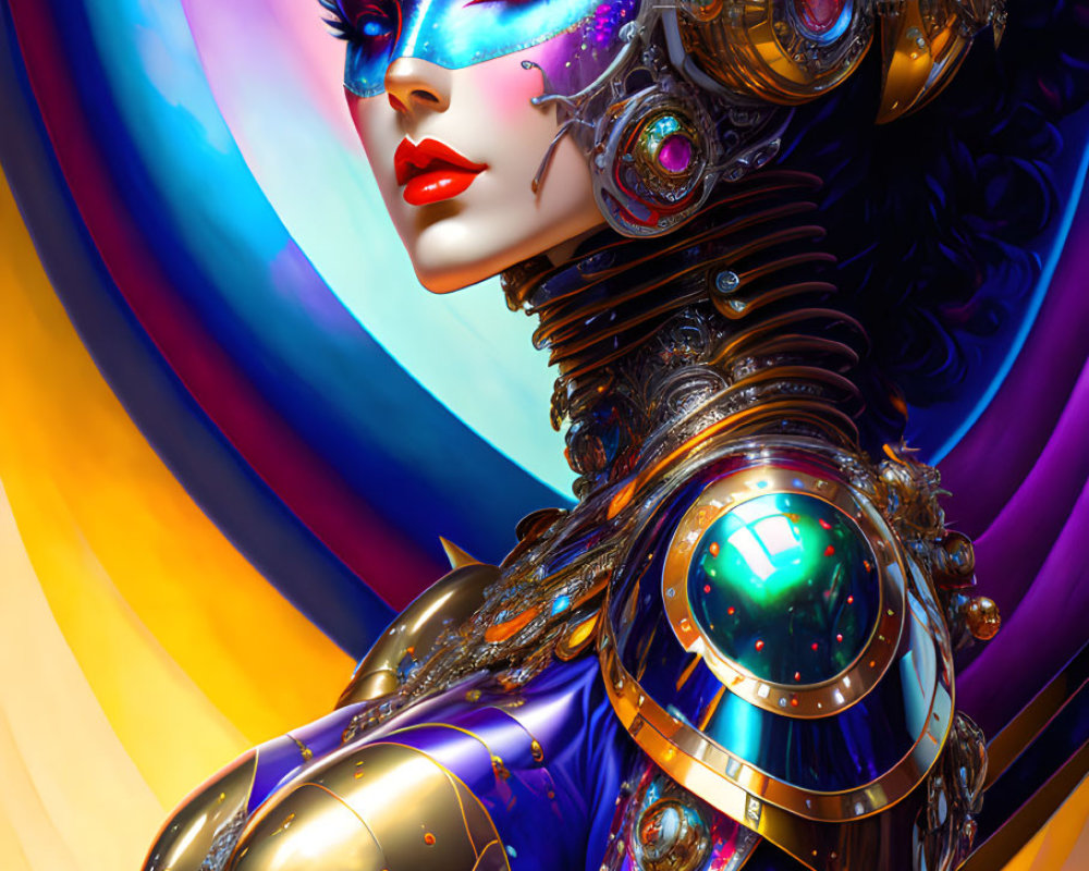 Futuristic female robot with intricate face paint and metallic armor on colorful background