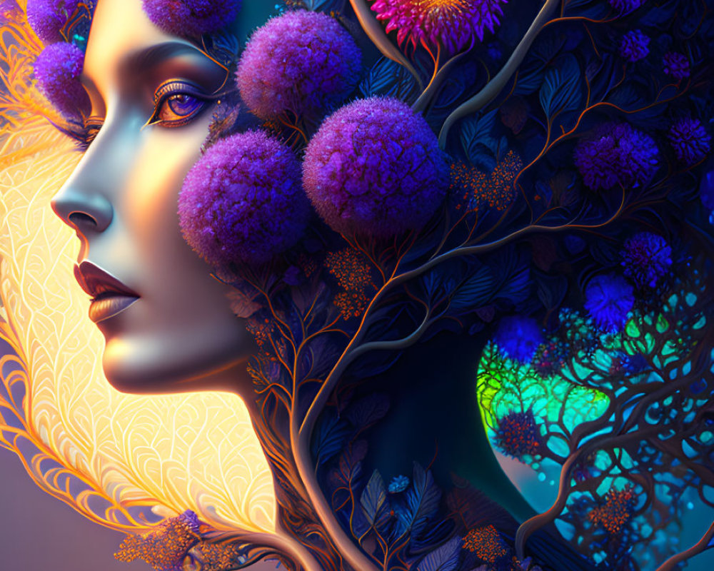 Woman Portrait with Violet Floral Patterns and Tree Branches in Hair on Warm Background