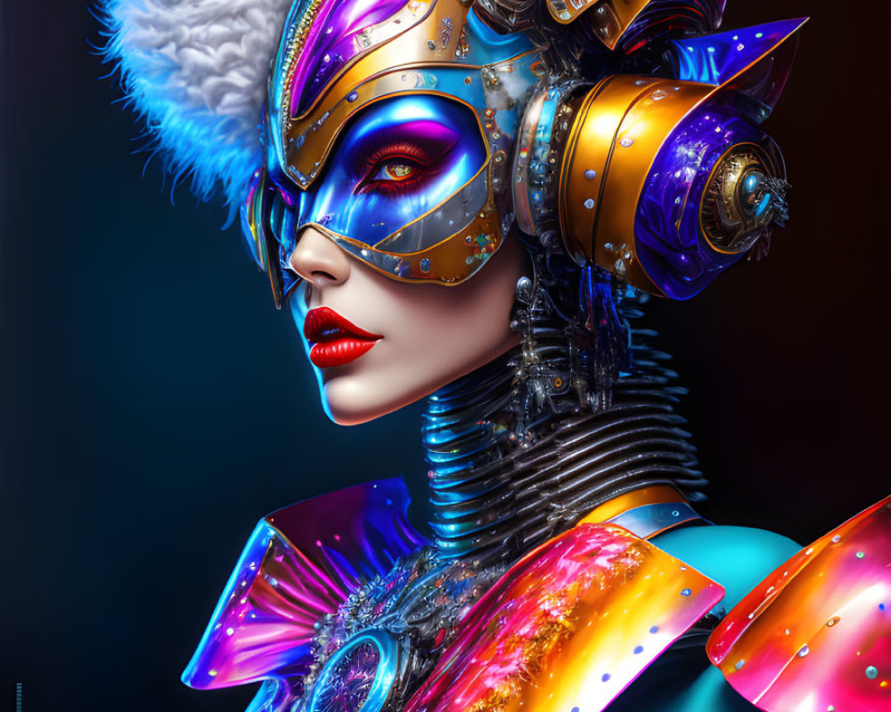 Colorful futuristic portrait with ornate helmet and mask on dark backdrop