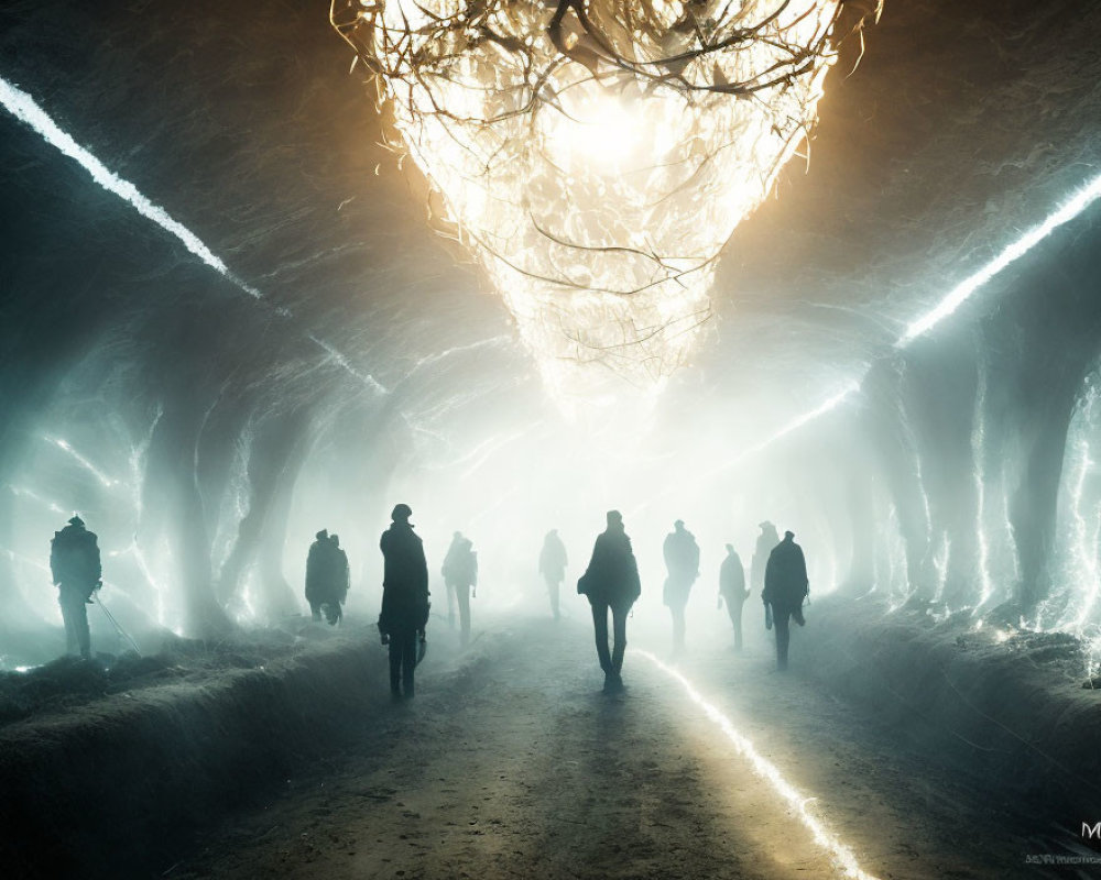 Individuals walking in dimly lit tunnel under glowing sphere