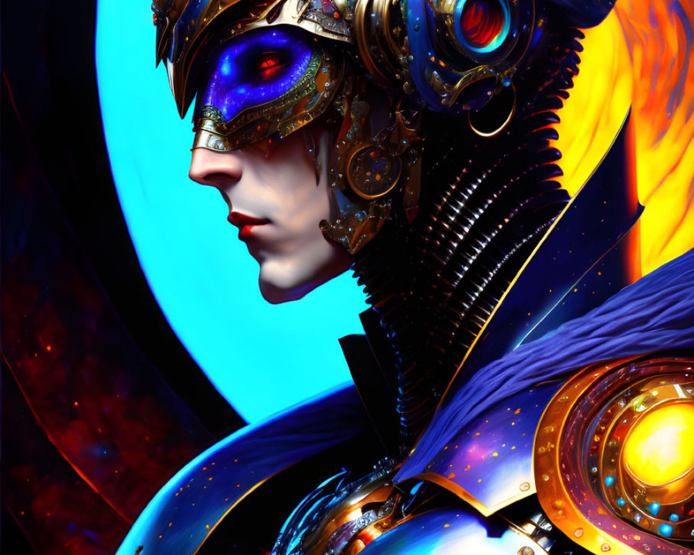 Detailed Futuristic Armor Portrait Against Blue and Orange Background