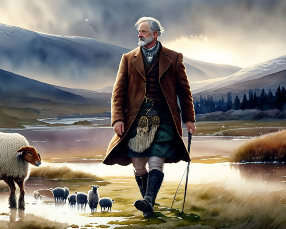 Elderly man in Scottish kilt with sheep in highland landscape
