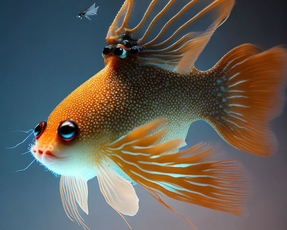 Colorful Illustration of Orange Fish with Large Eyes and Flowing Fins Meeting Insect