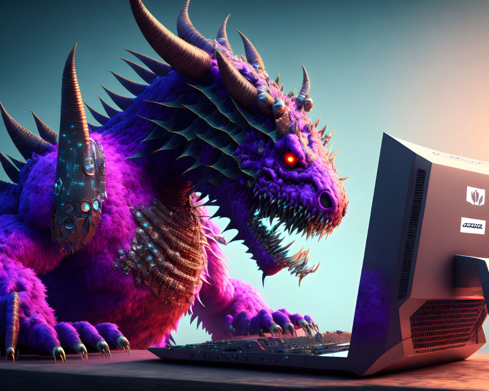Purple dragon with horns and red eyes by an open laptop in a fantastical setting