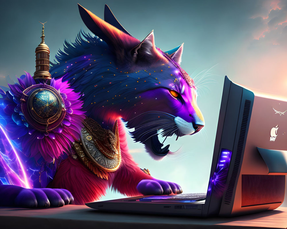 Stylized purple wolf in regal attire gazes at laptop screen