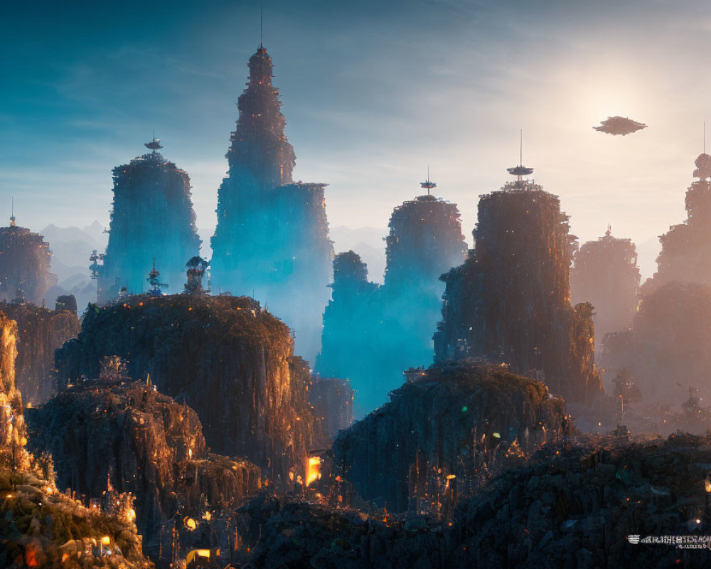 Futuristic cityscape with towering spires and flying vehicles in warm light
