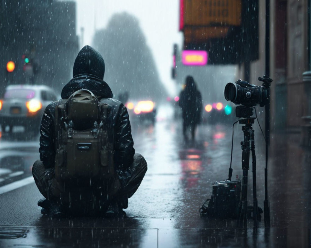 Person with backpack sitting in rain next to camera on tripod with city traffic lights.