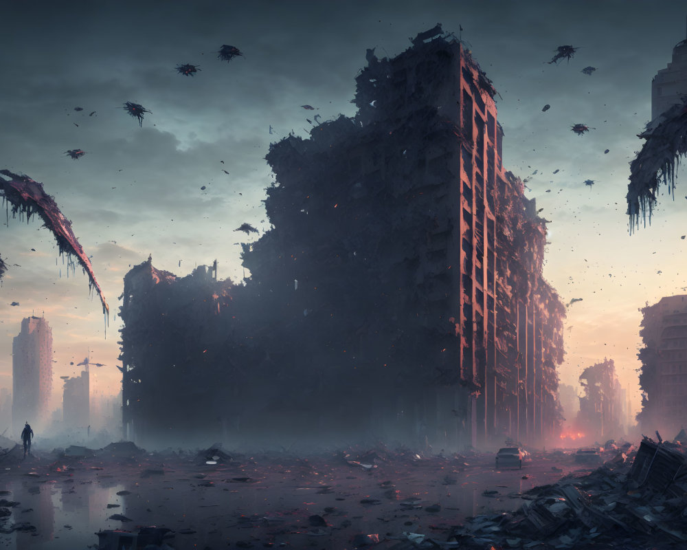 Dystopian scene with dilapidated buildings and flying creatures