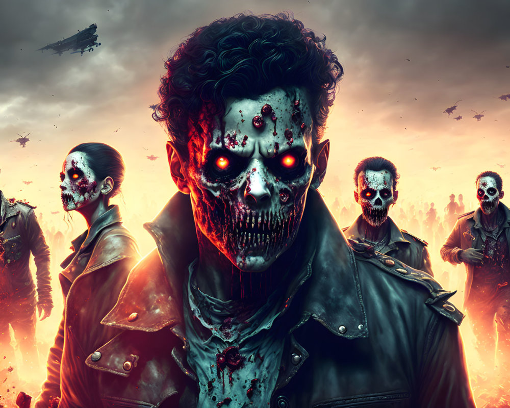 Menacing figures with skeletal faces in flames under dusky sky
