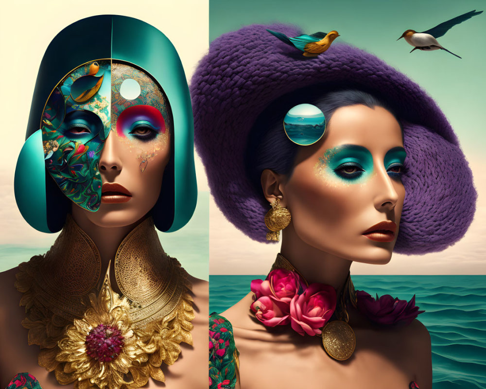 Dual-portrait artwork of woman with surreal helmet design and vibrant makeup beside serene pose with large purple hat