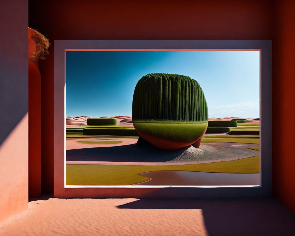 Colorful surreal landscape with cactus sculpture in center viewed from terracotta frame