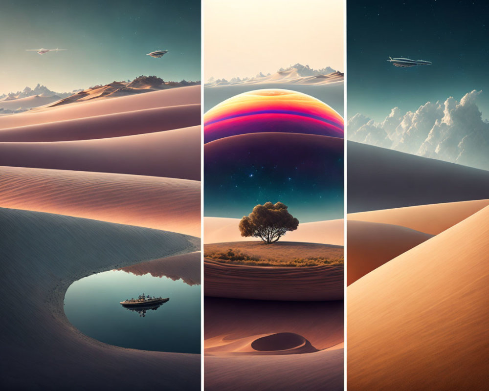 Surreal desert landscapes with futuristic elements and an oasis.