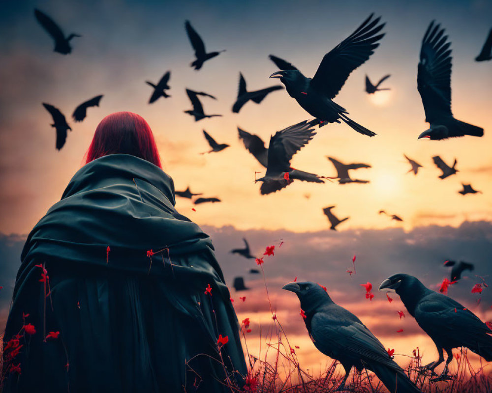 Red-haired person in cloak watching birds in field at dusk