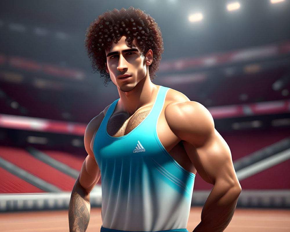 Muscular male athlete with curly hair in blue Adidas tank top at stadium