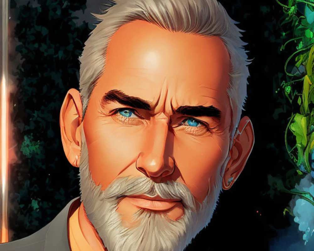 Elderly man with gray hair and blue eyes in suit with cityscape background