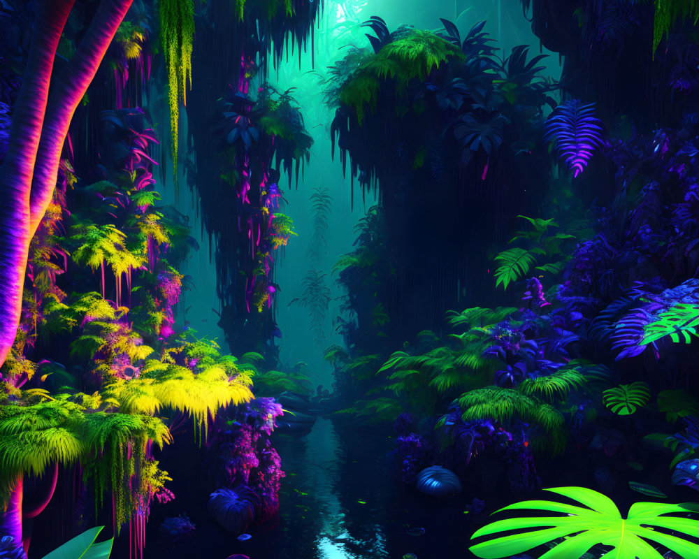 Vibrant neon-lit jungle scene with exotic foliage and mystical lighting
