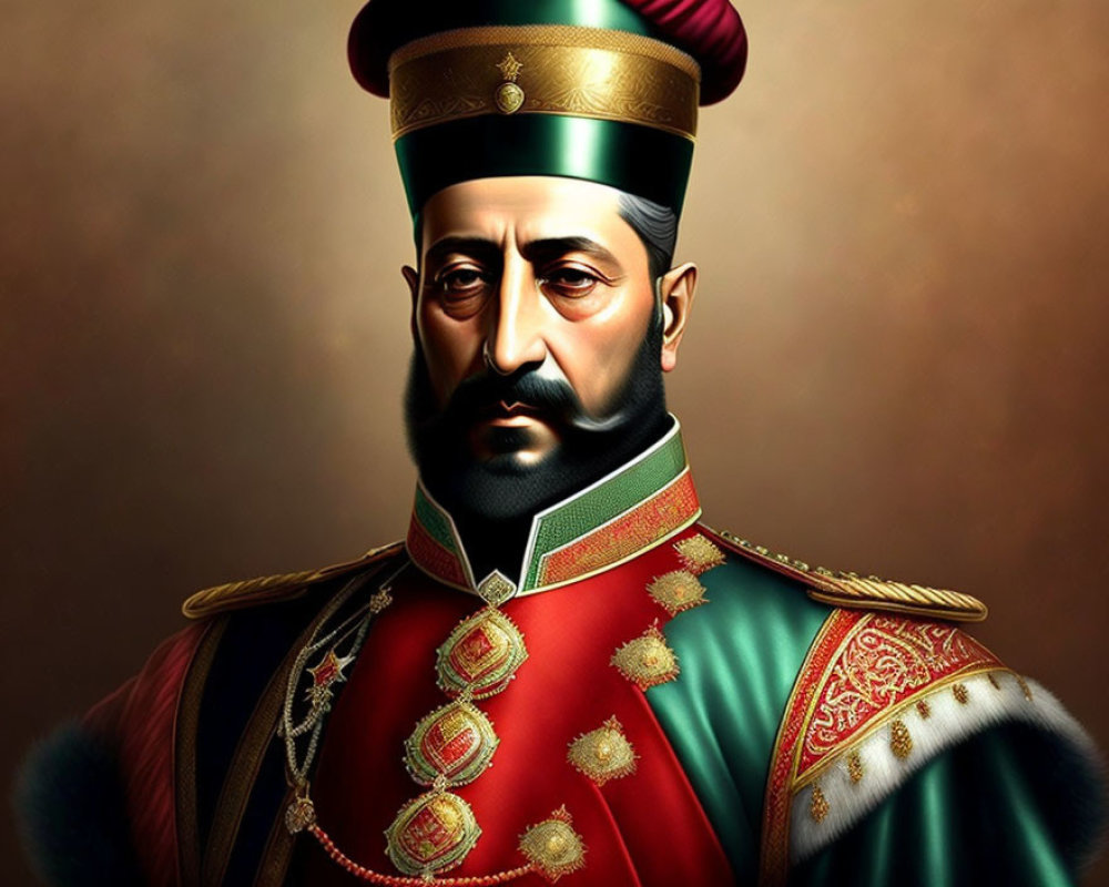 Regal man in military attire with green jacket, sash, and feathered hat