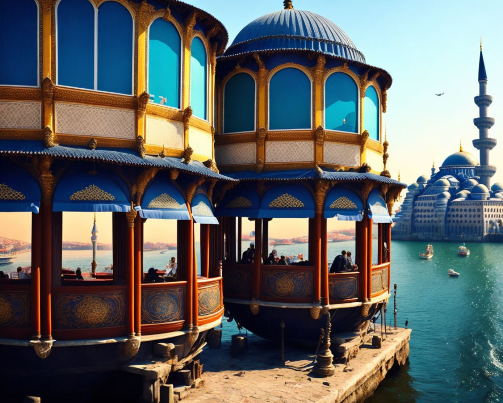 Blue and Gold Pavilions Overlooking Cityscape with Mosque and Boats