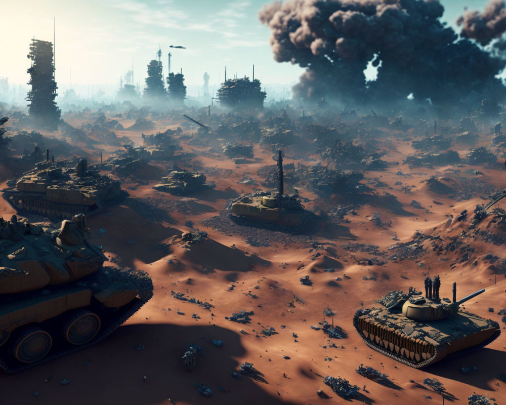 Futuristic battlefield: Tanks in combat on hazy, ruined desert terrain
