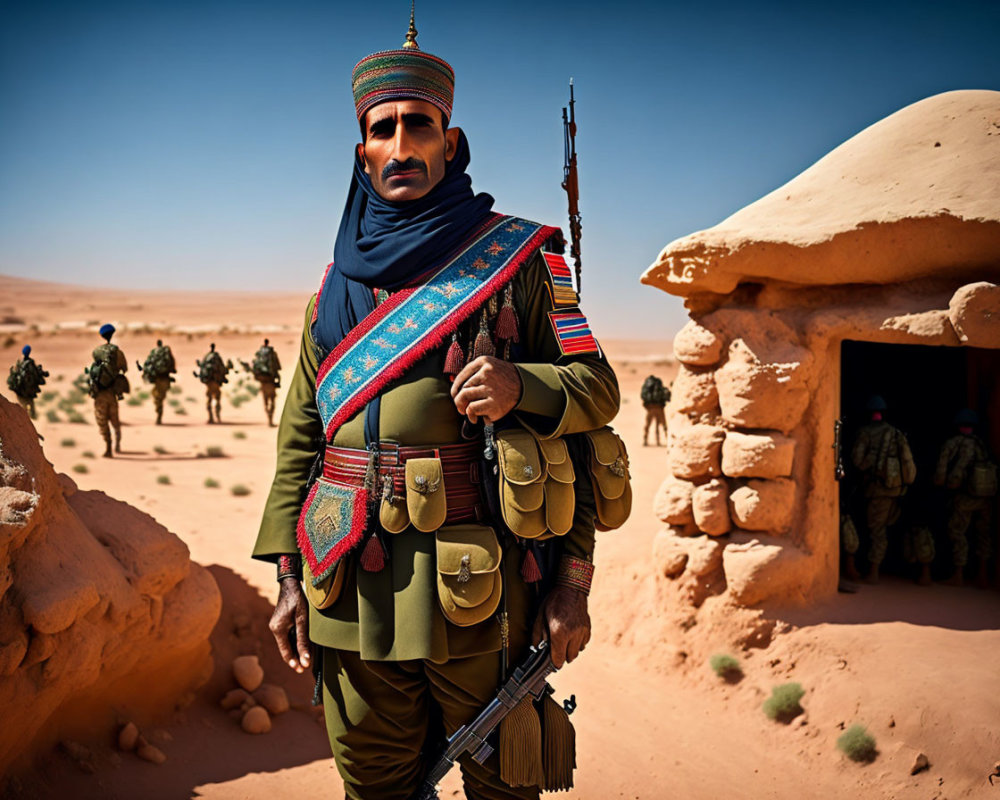Man in traditional military regalia in desert landscape with building entrance and uniformed individuals.