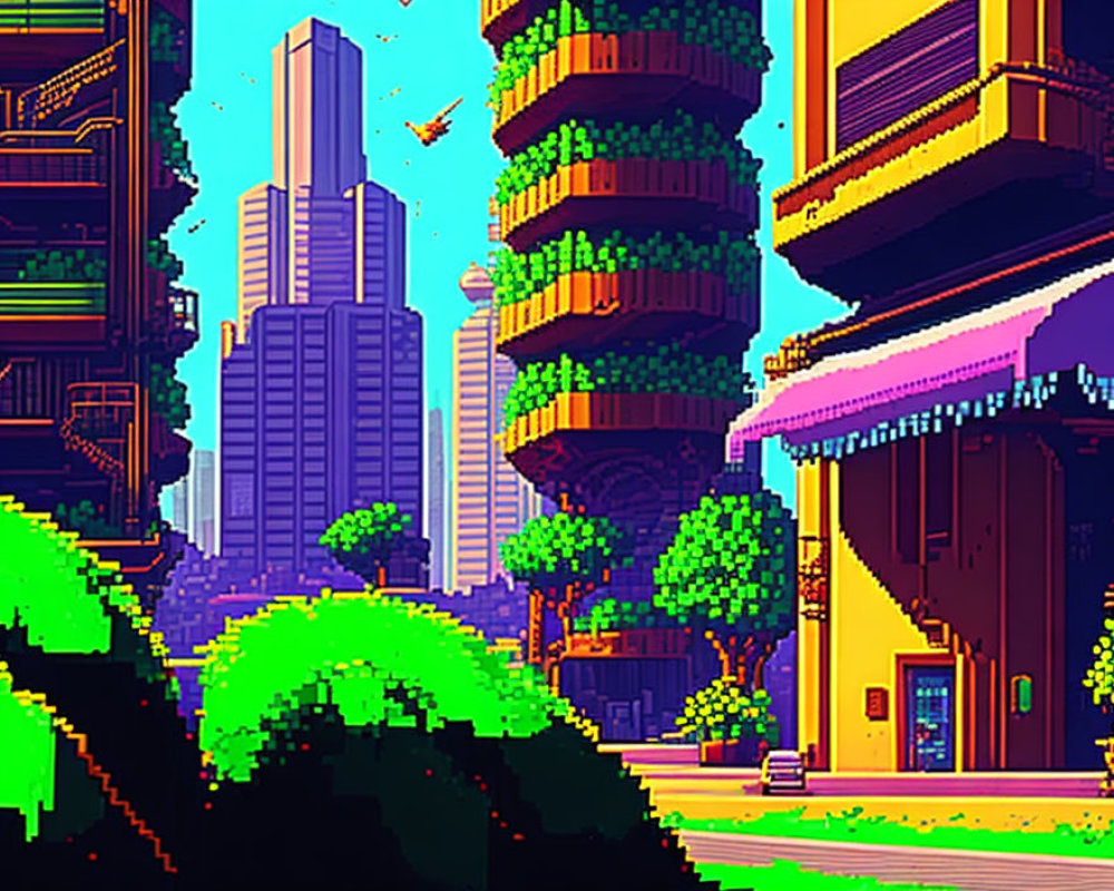 Vibrant 8-bit pixel art cityscape with lush greenery