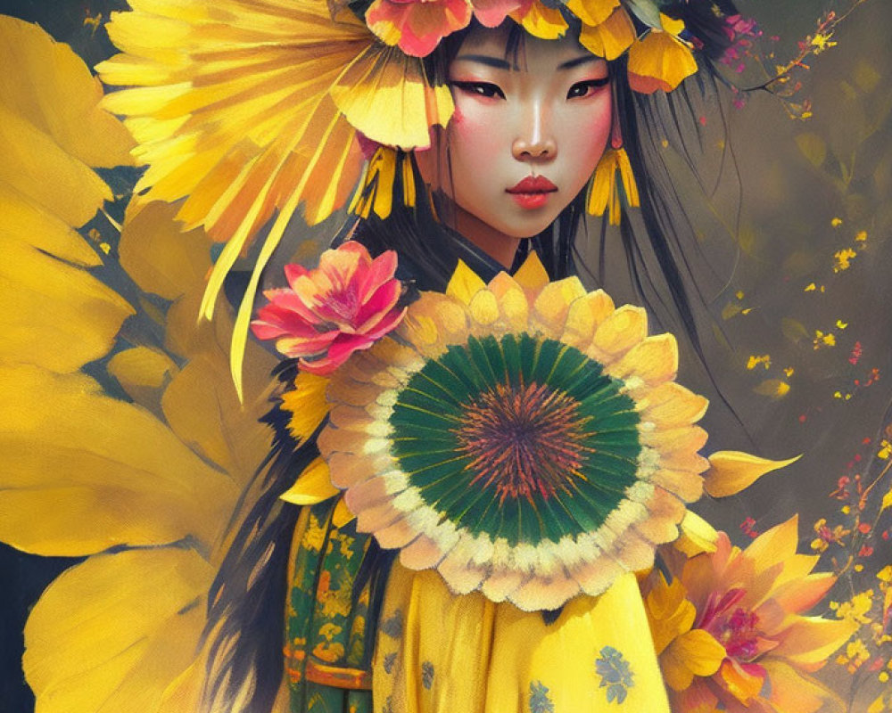 Whimsical Digital Painting of Young Asian Woman in Yellow