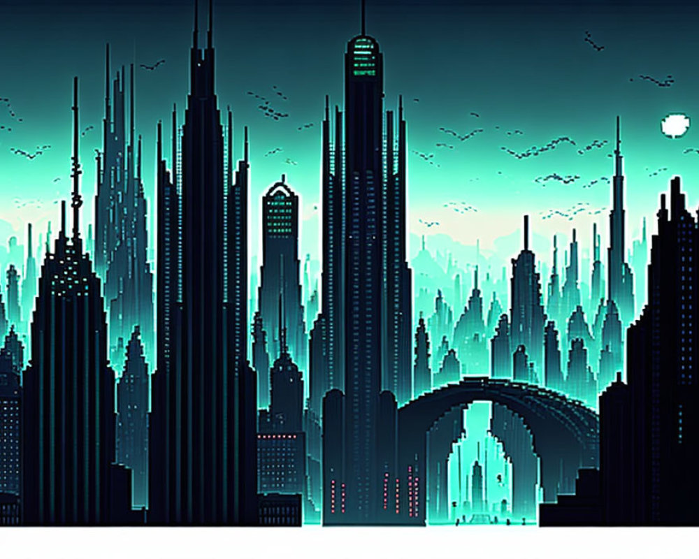 Pixel Art Cityscape at Night with Skyscrapers and Moon