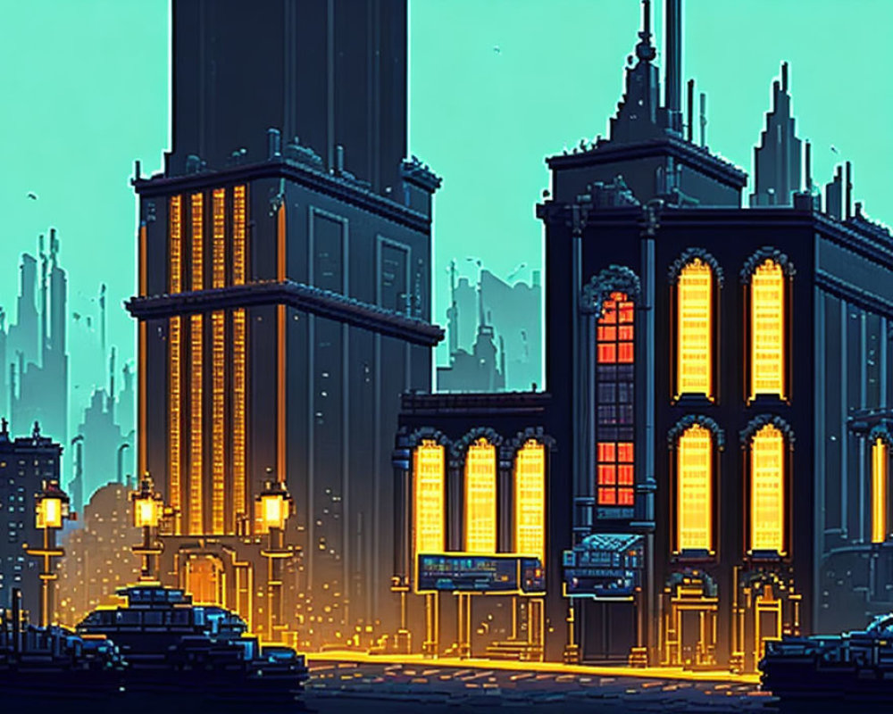 8-Bit Pixel Art City Street Scene with Detailed Buildings