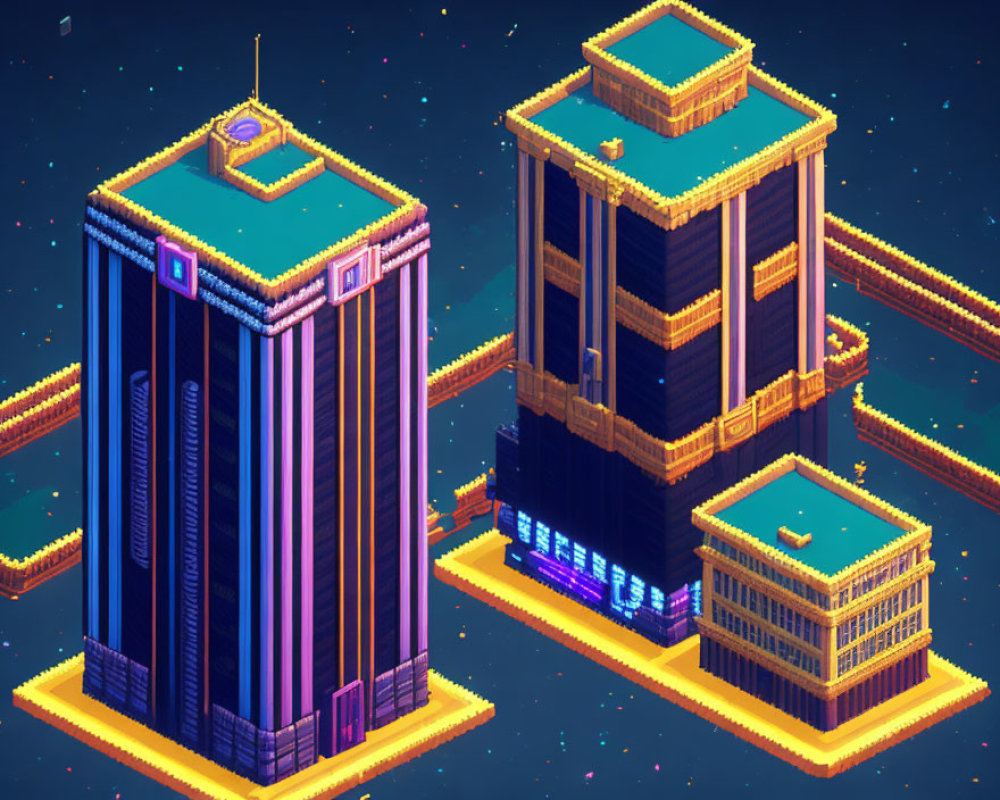 Futuristic Pixel Art Cityscape at Night in Isometric View