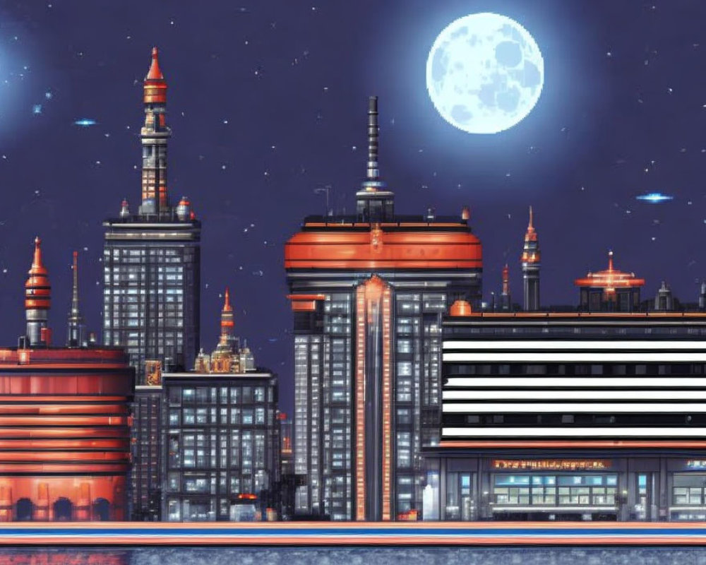 Futuristic skyscrapers in pixel art under a full moon