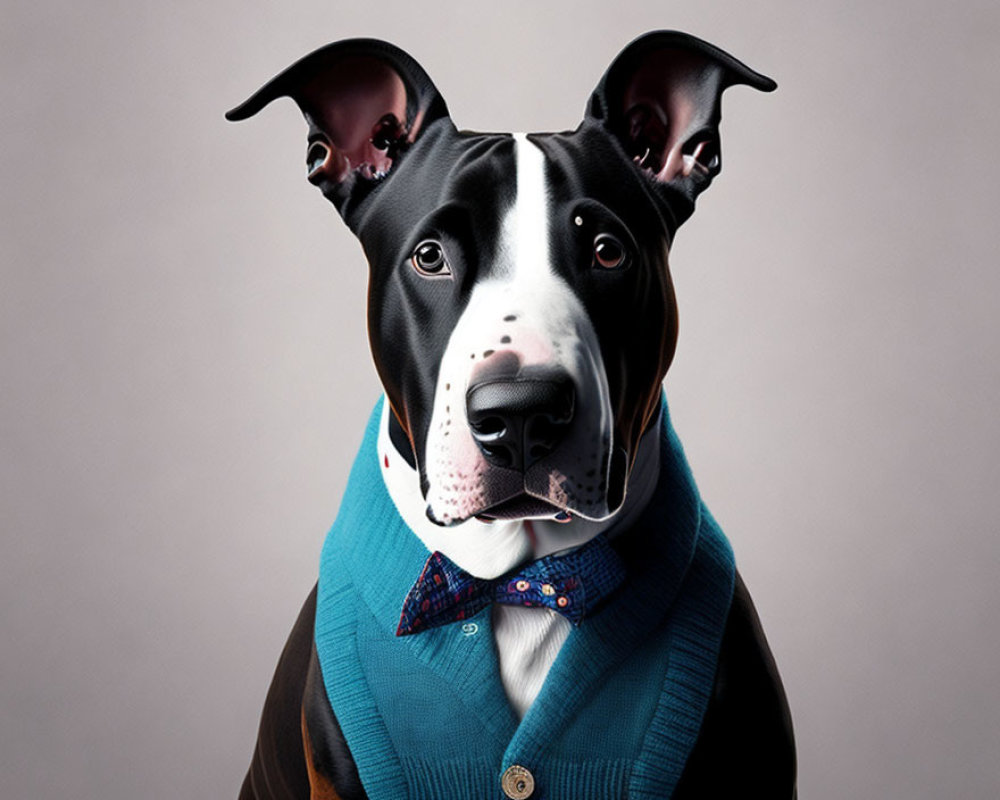 Dog with human-like ears in shirt, tie, and sweater vest posing for camera