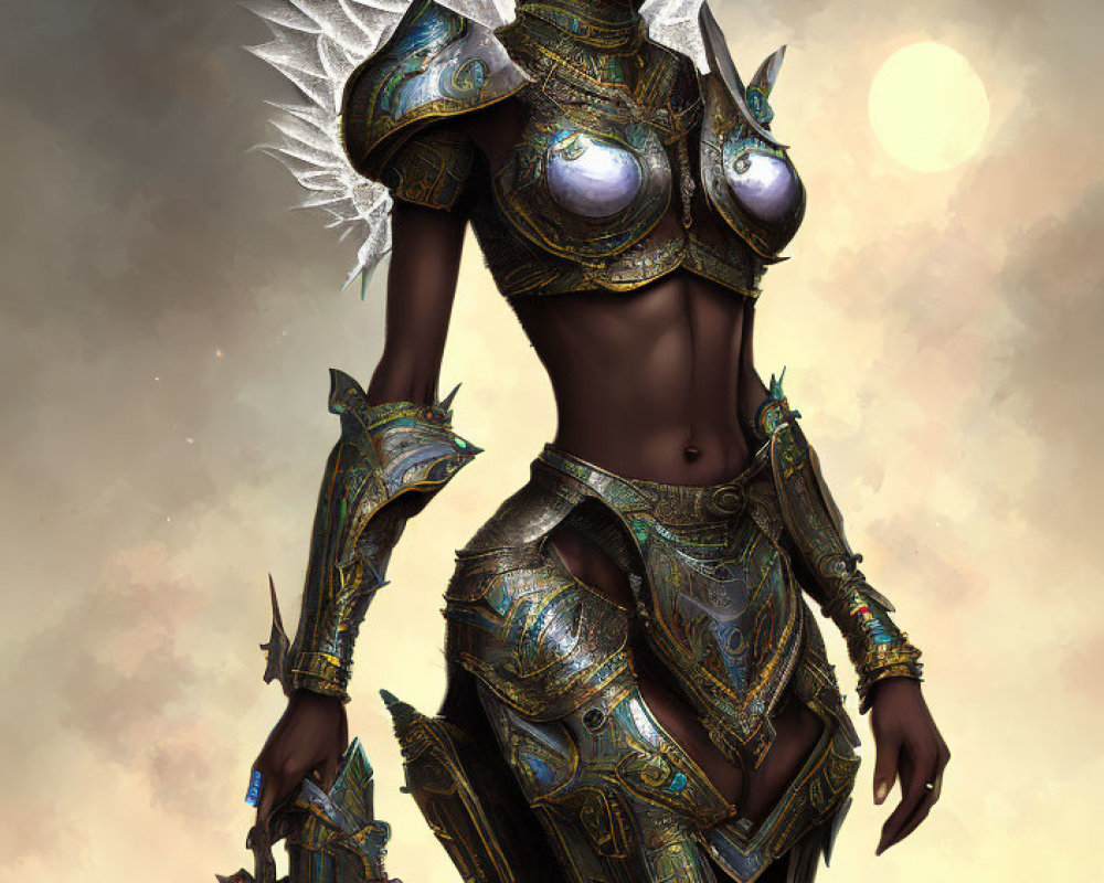 Dark-skinned female figure in golden armor with white wings against a muted sun.