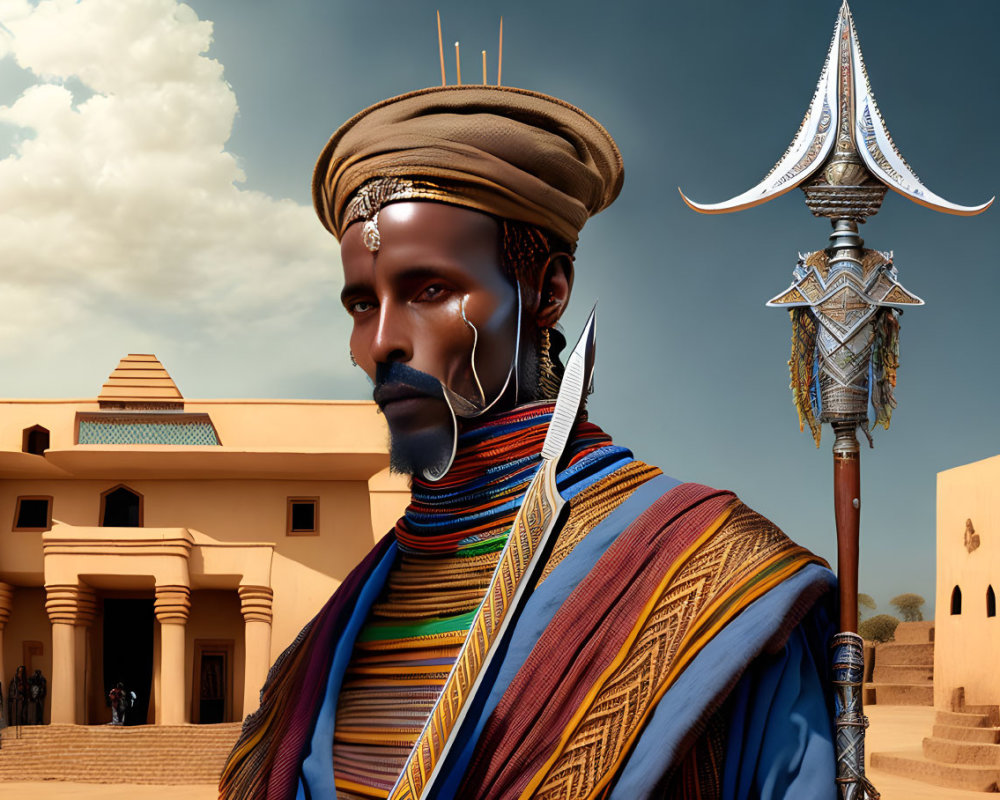 African man in traditional attire with spears in desert setting