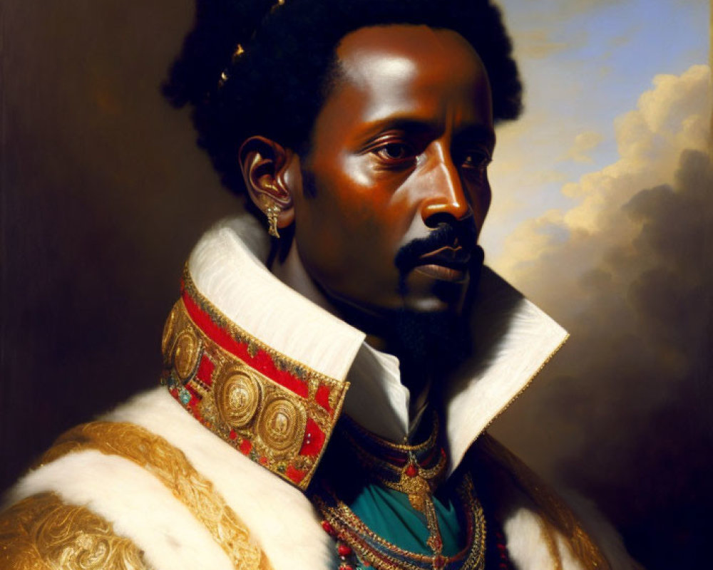 Traditional royal attire portrait of a man with stern expression