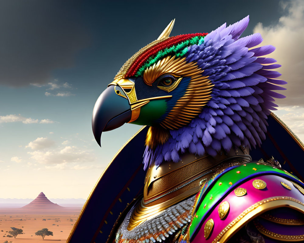 Anthropomorphic eagle warrior in ornate armor with desert landscape