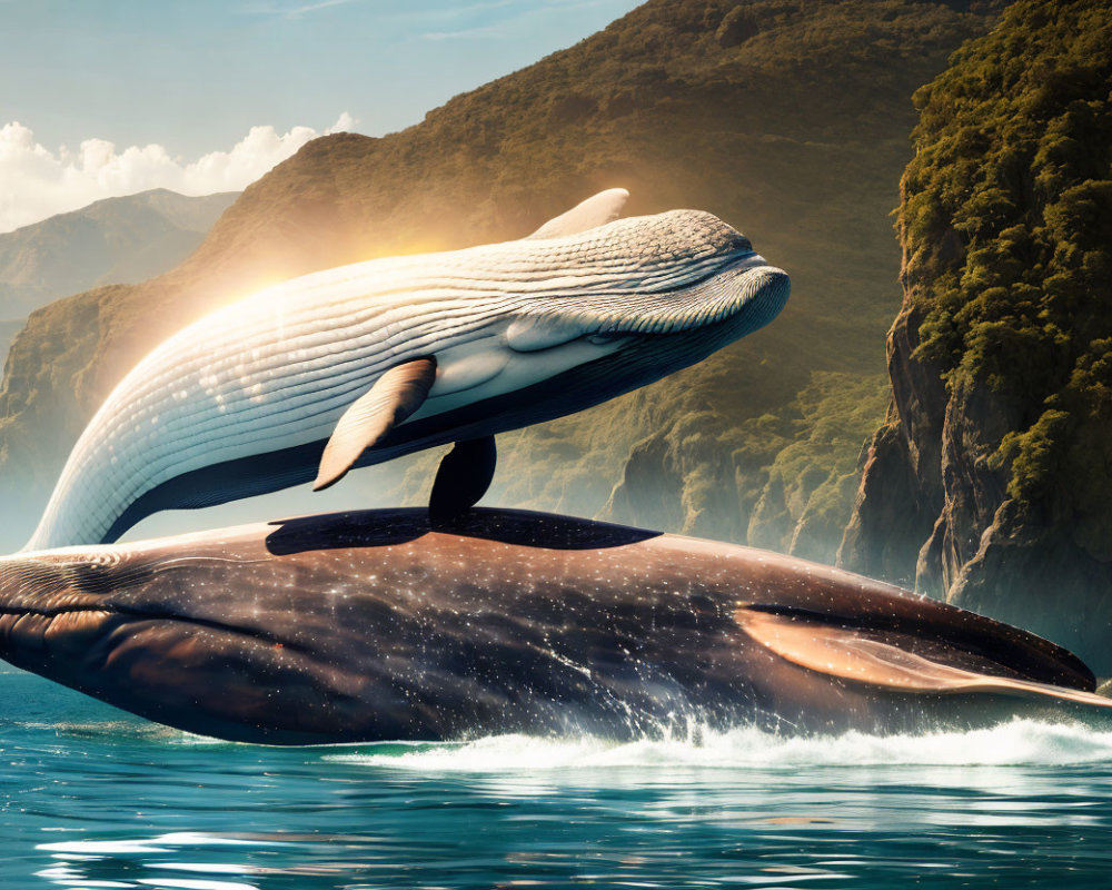 Giant Whales Leaping Above Ocean Water and Steep Cliffs
