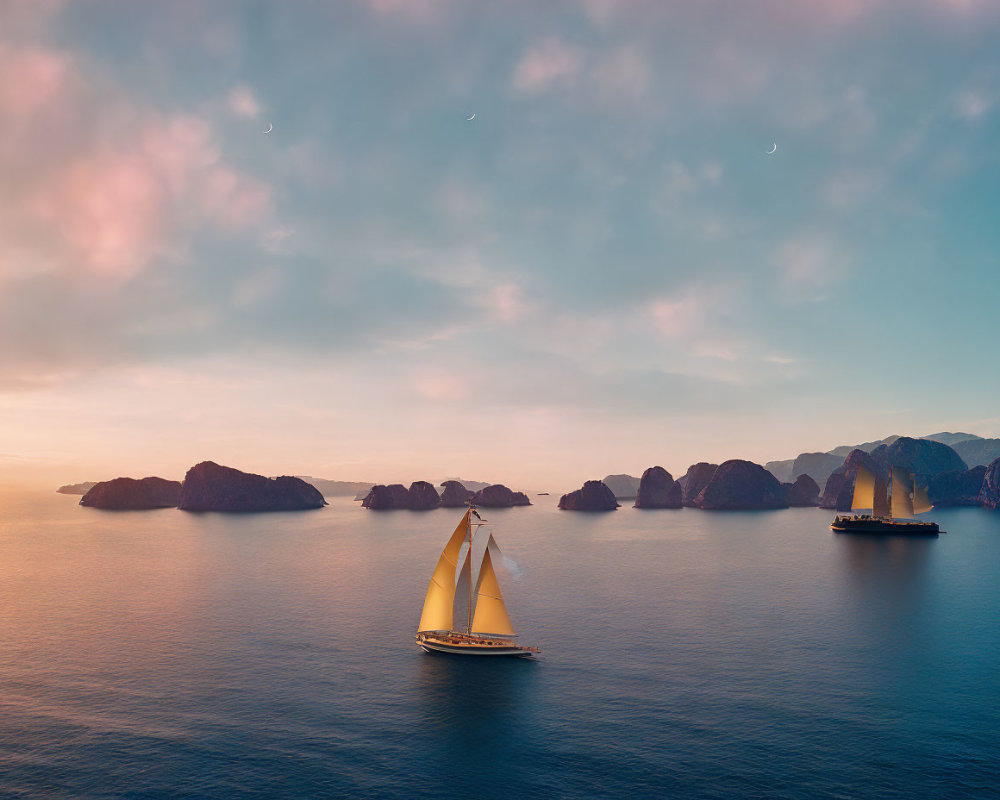 Yellow sail sailboats on calm waters near rocky islets under crescent moon