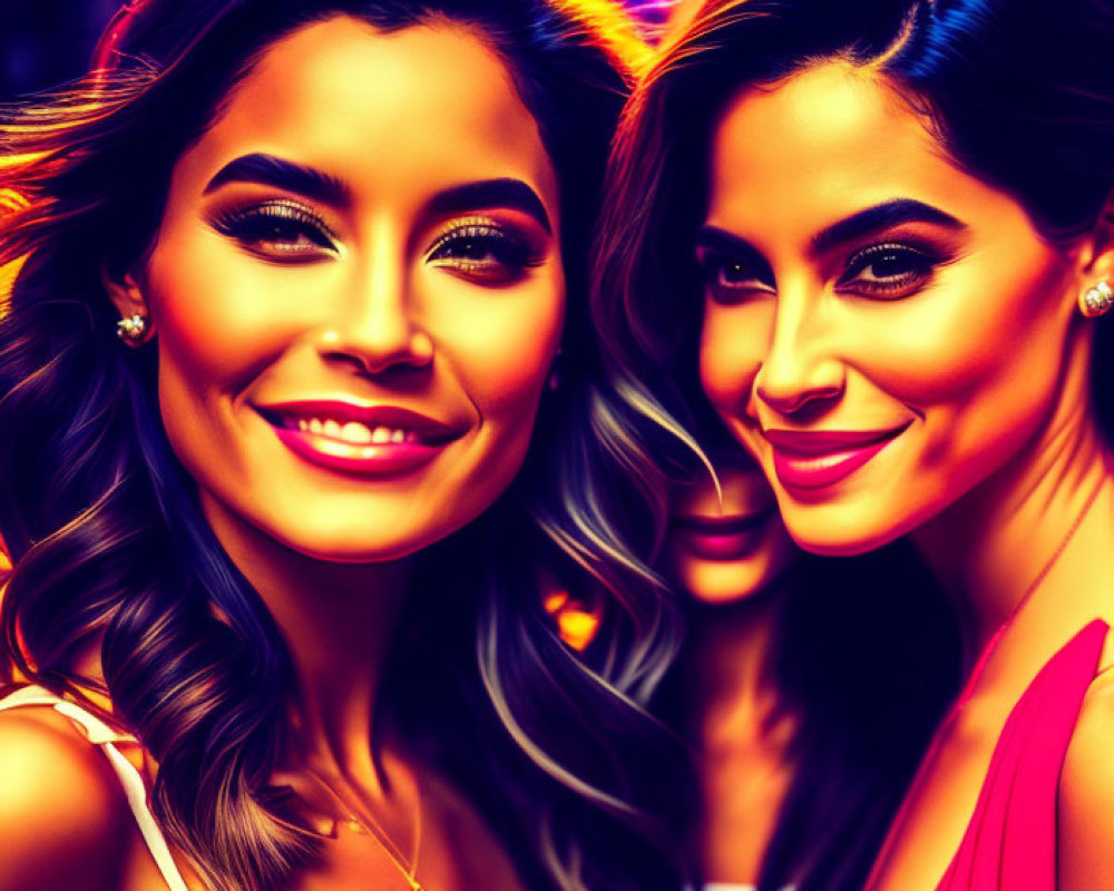 Two women with glamorous makeup in vibrant city nightlife.