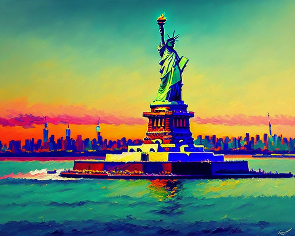 Colorful Painting: Statue of Liberty & NYC Skyline at Sunset