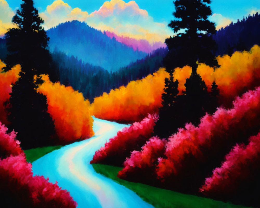 Scenic path painting with orange and pink trees under transitioning sky