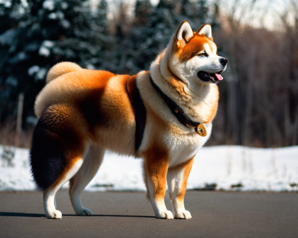 Akita dog with thick fur coat in snowy forest setting