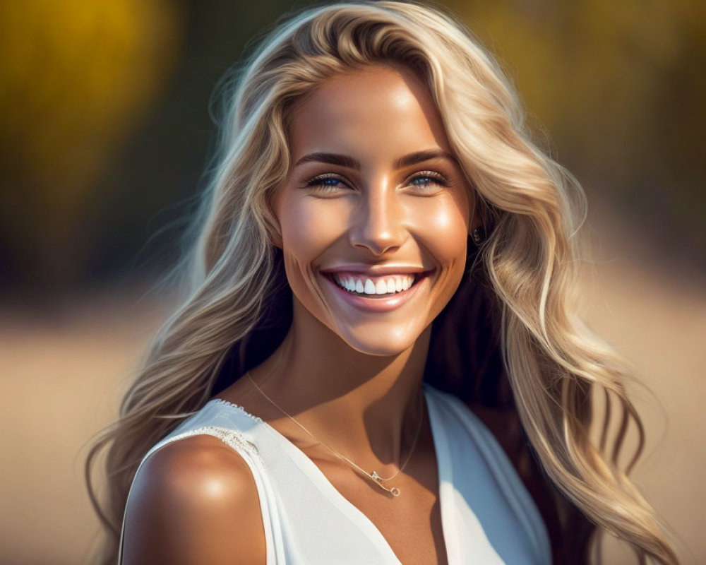 Blonde Woman Smiling Outdoors with Blurred Background