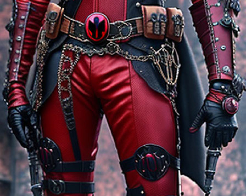 Detailed Red and Black Costume with Armor Plates, Utility Belt, and Mask