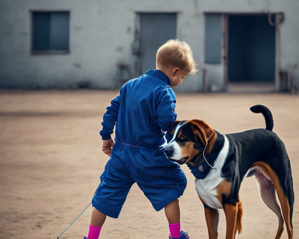 Child walking tricolor dog with toy ball on string on sandy ground