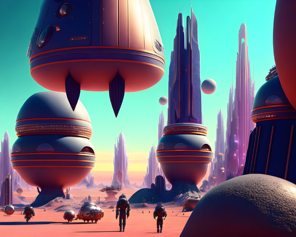 Futuristic cityscape with floating structures and figures in spacesuits on an alien planet