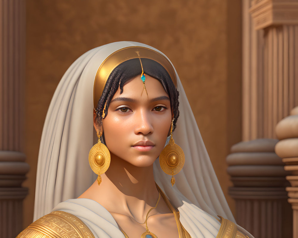 Woman with Gold Headdress and Turquoise Jewel in Digital Portrait