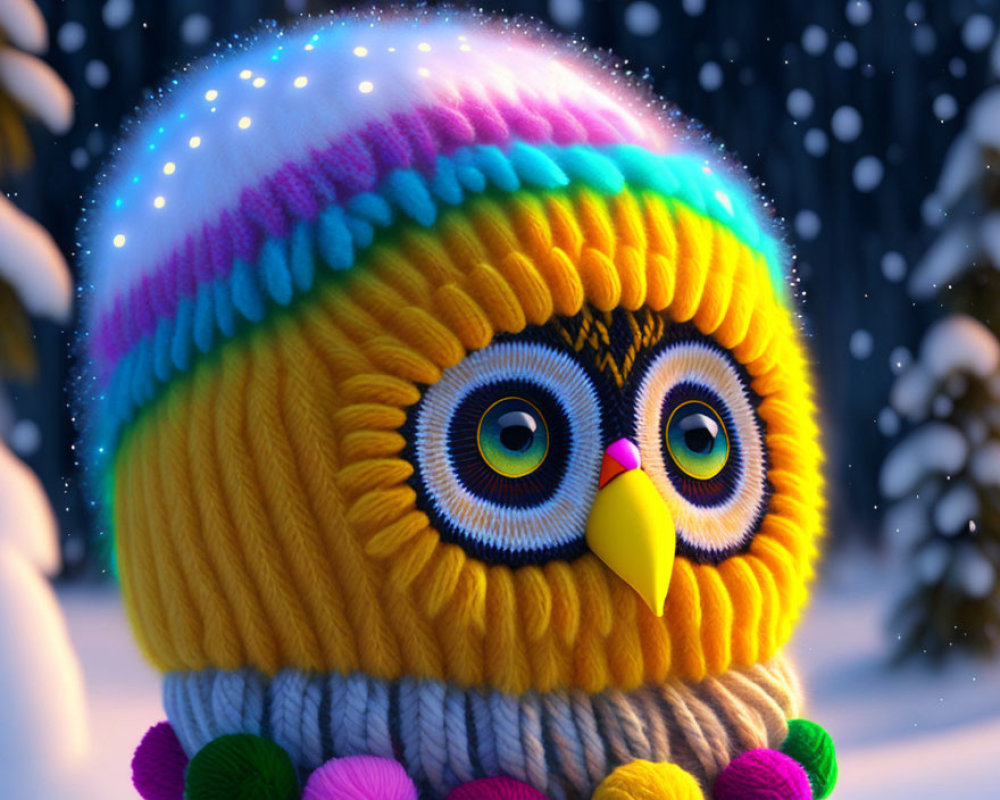 Colorful animated owl in knitted hat and scarf on snowy backdrop