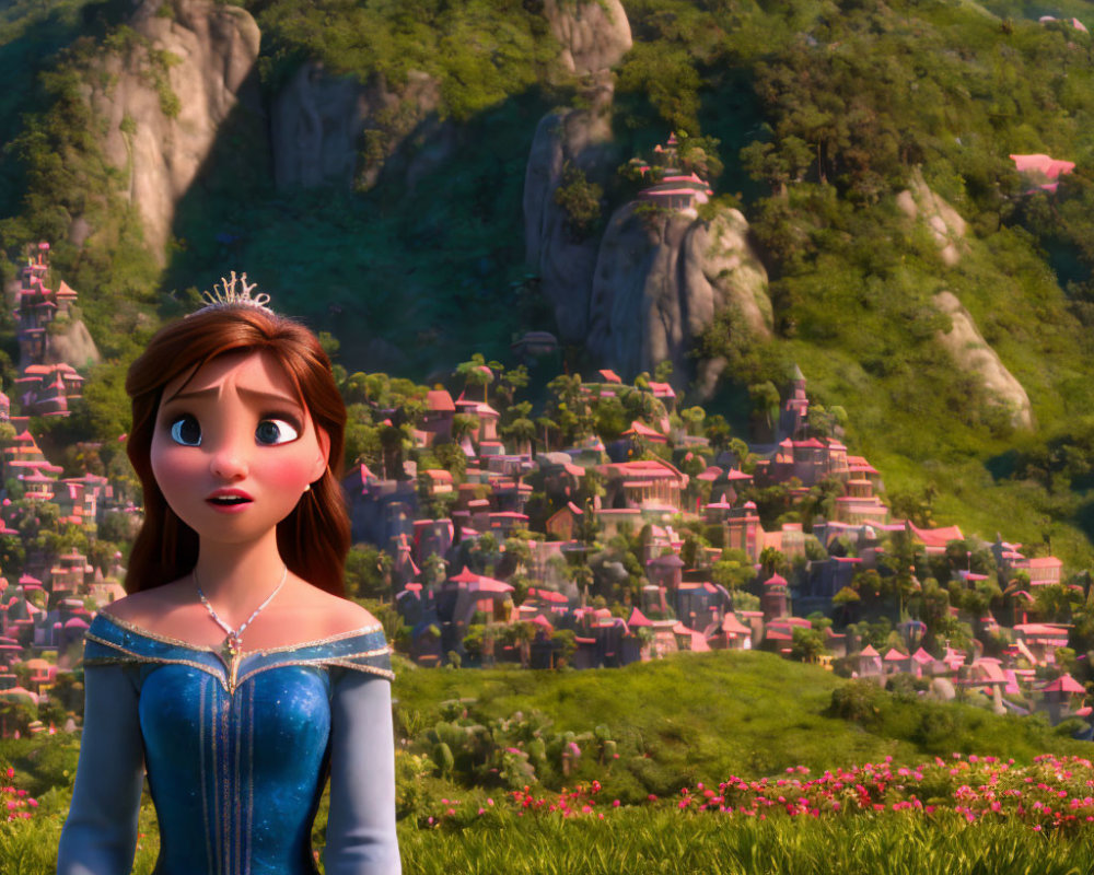 Auburn-Haired Princess in Blue Dress Stands in Colorful Meadow