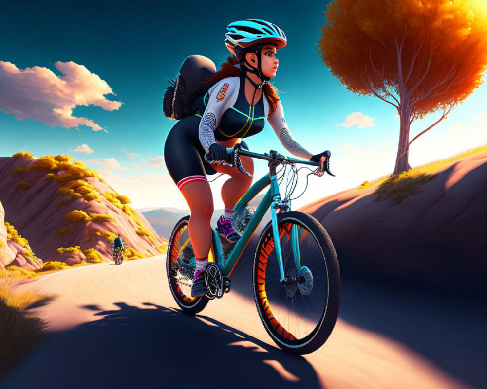 Colorful cyclist riding on hilly road at sunset